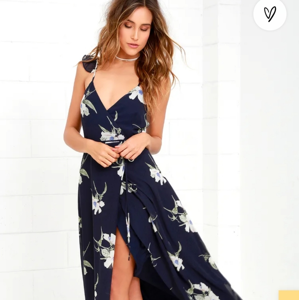 Lulus navy blue floral print high low wrap dress